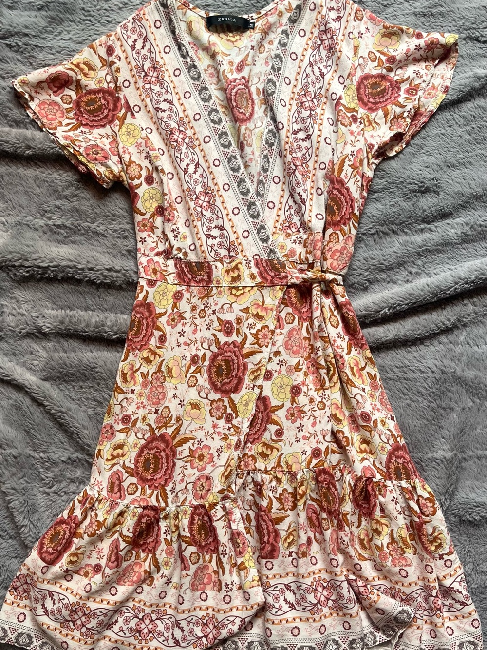 Boho Pink Floral Wrap Mini Dress with Ruffle Hem